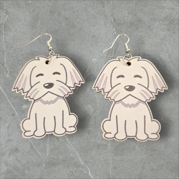 Wooden Dog Dangle Earrings Material: wood and alloy There may be slight impe - Picture 2 of 2